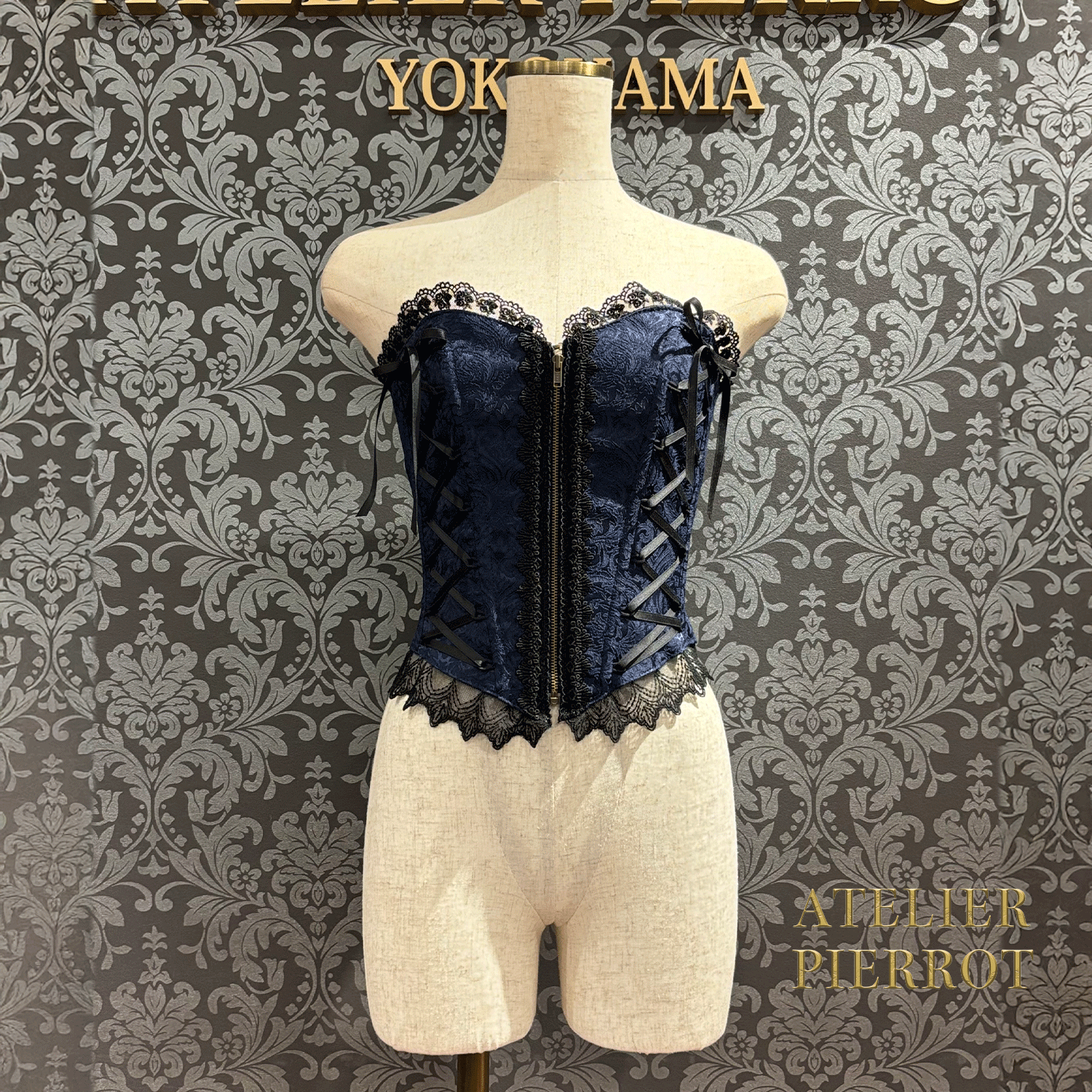【ATELIER PIERROT】 Lace Up Long Corset White/Wine Jacquard/Navy Jacquard/Black x White Jacquard/Black Jacquard