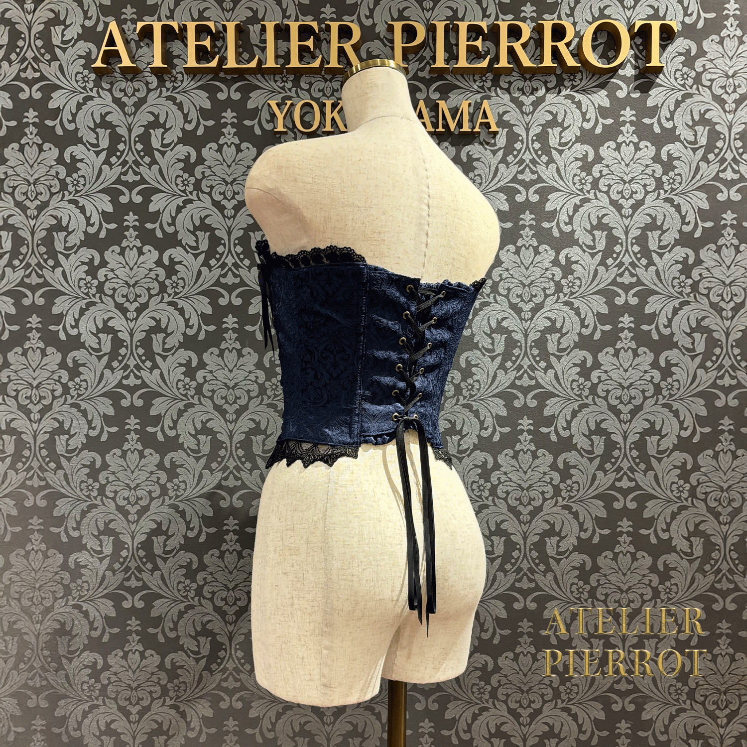 【ATELIER PIERROT】 Lace Up Long Corset White/Wine Jacquard/Navy Jacquard/Black x White Jacquard/Black Jacquard