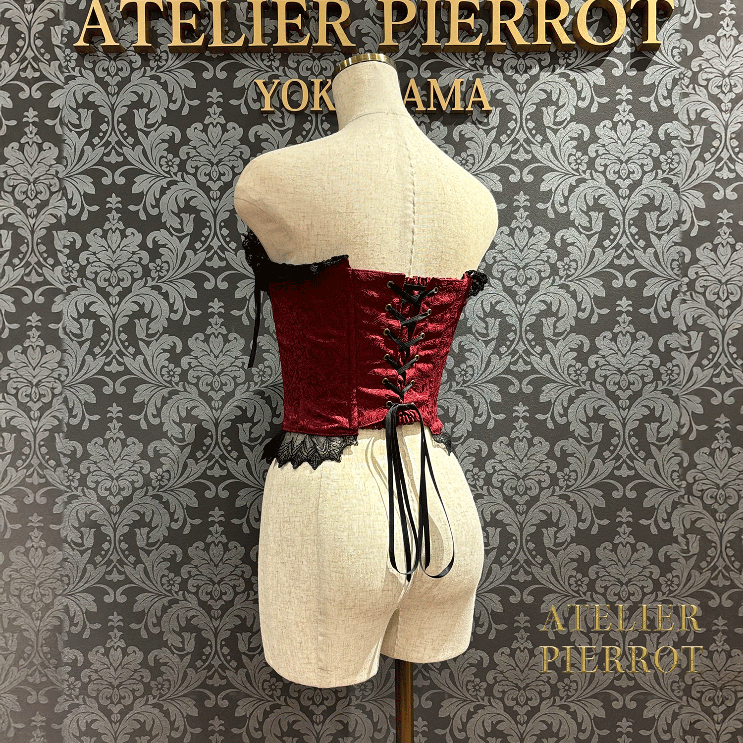 【ATELIER PIERROT】 Lace Up Long Corset White/Wine Jacquard/Navy Jacquard/Black x White Jacquard/Black Jacquard