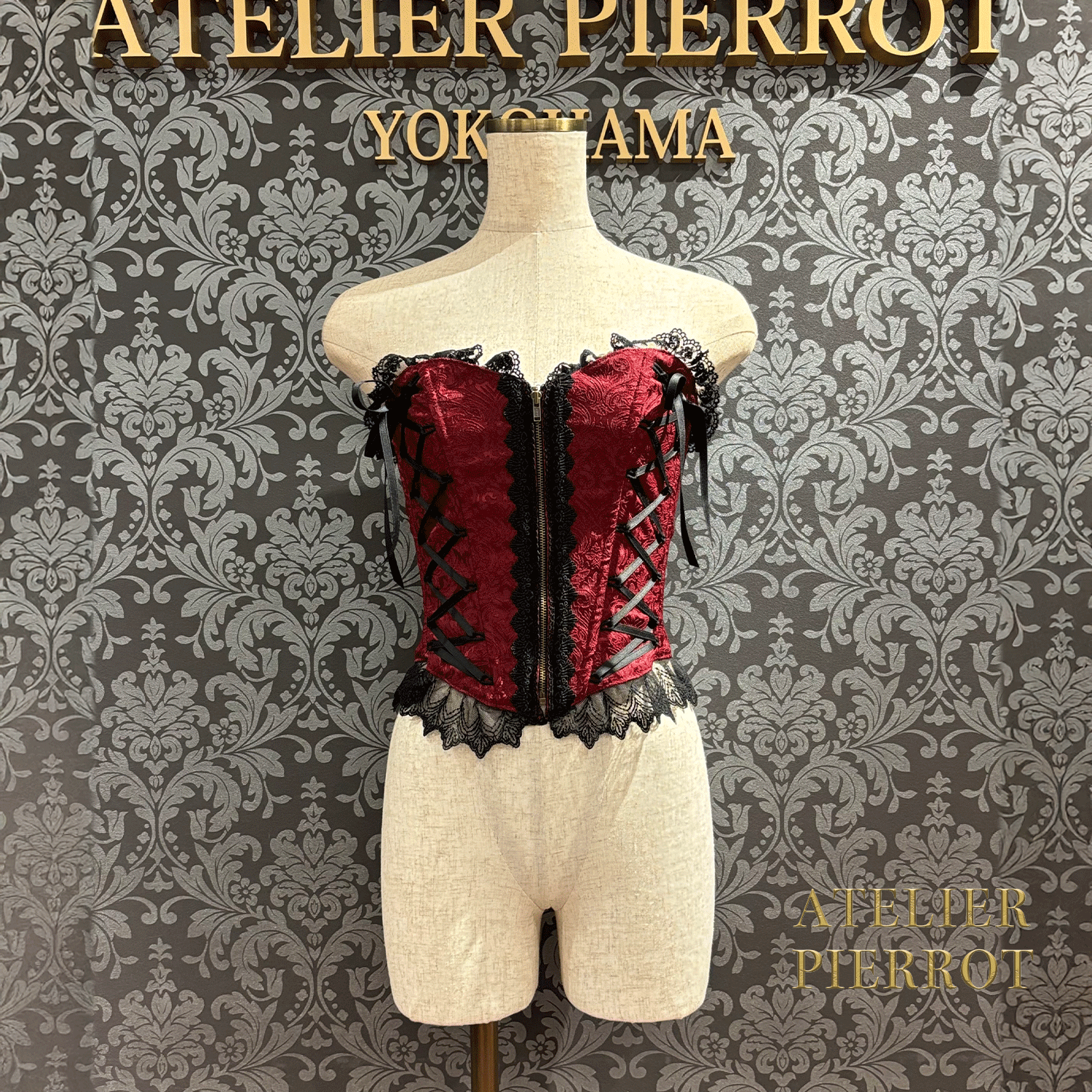 【ATELIER PIERROT】 Lace Up Long Corset White/Wine Jacquard/Navy Jacquard/Black x White Jacquard/Black Jacquard