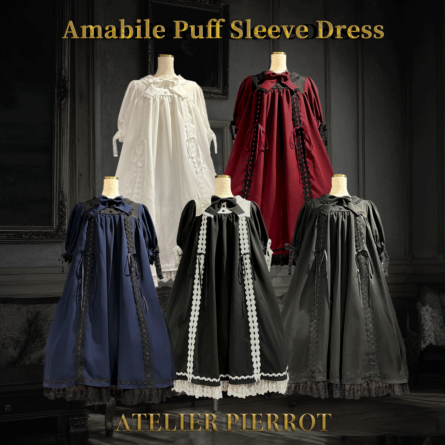 【ATELIER PIERROTAmabile Puff Sleeve Dress白×白/波尔多×黑/海蓝色×黑/黑×白/黑×黑