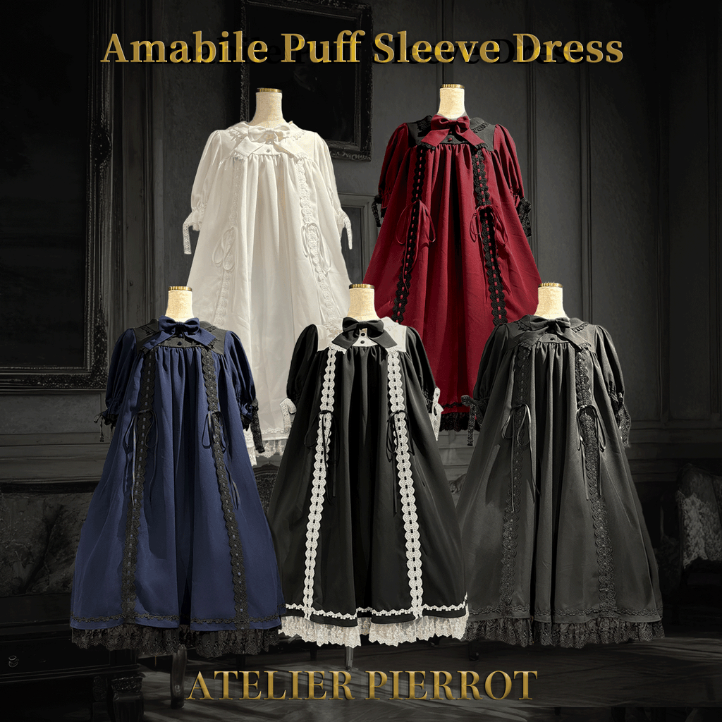 アトリエピエロ ドレス ATELIER PIERROT】 Amabile Puff Sleeve Dress 白×白/ボルドー
