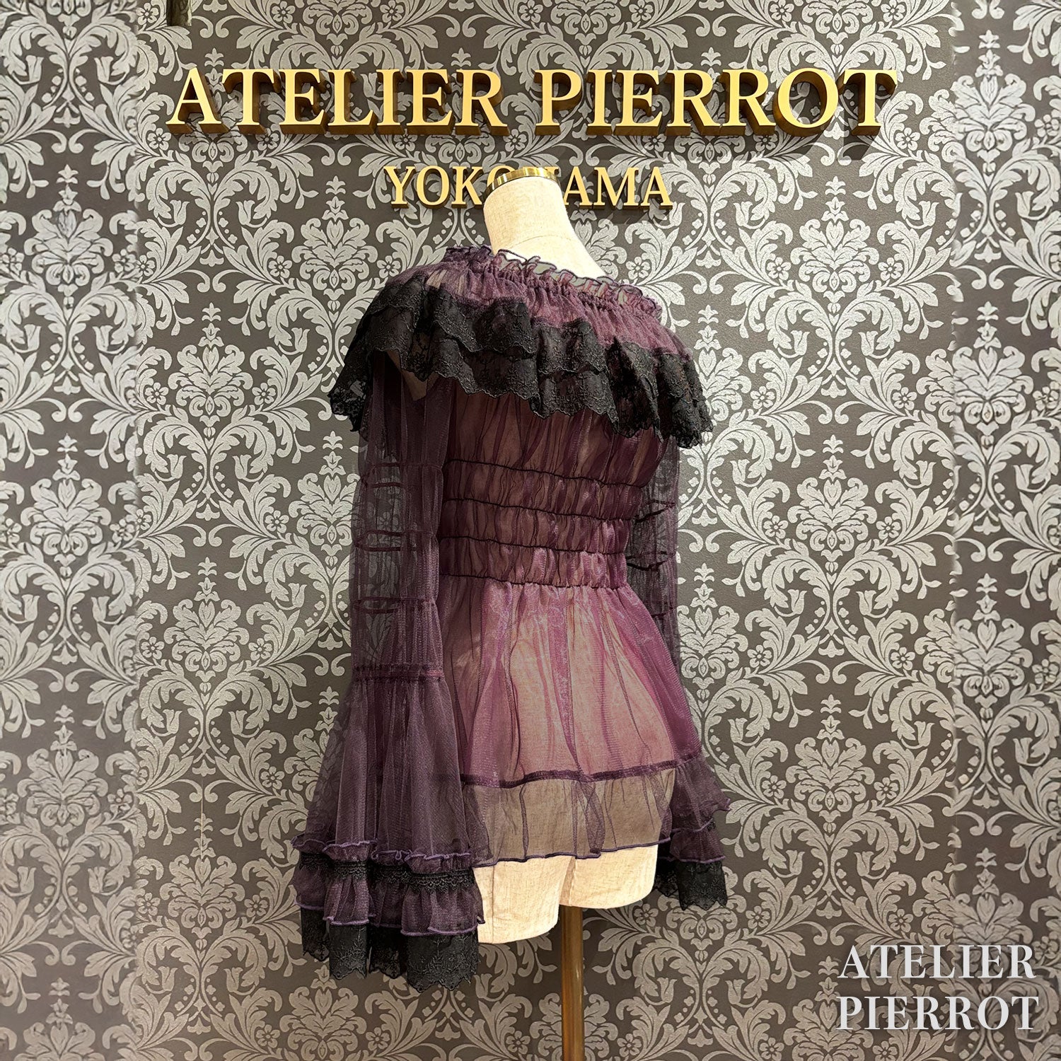 【ATELIER PIERROT】 Sheer Off-Shoulder Shirring Blouse ホワイト/ピンク/グレー/ボルドー/パープル/ブラック