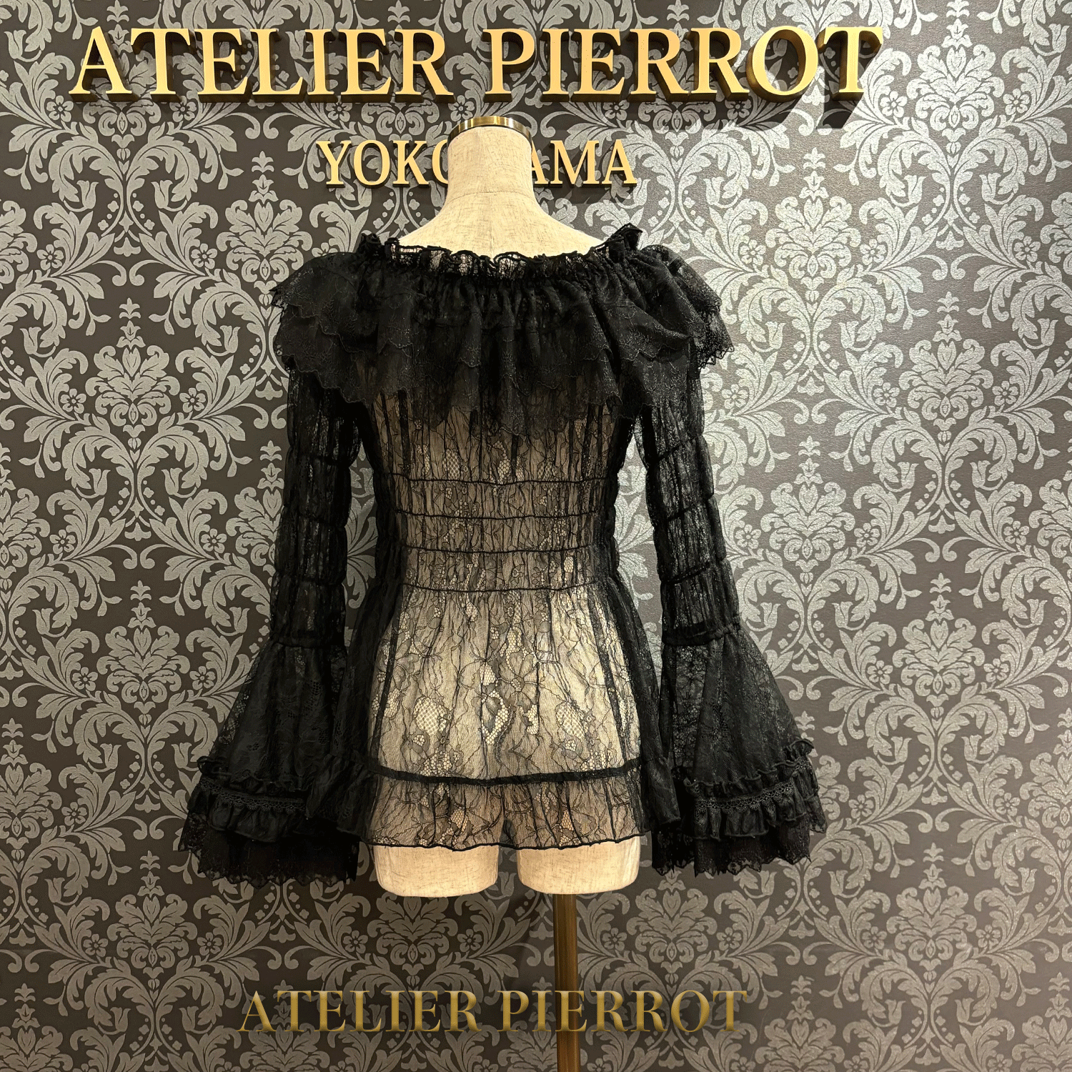 【ATELIER PIERROT】 Shirring princess sleeve blouse-Lace- White/Ivory/Bordeaux/Navy/ Black