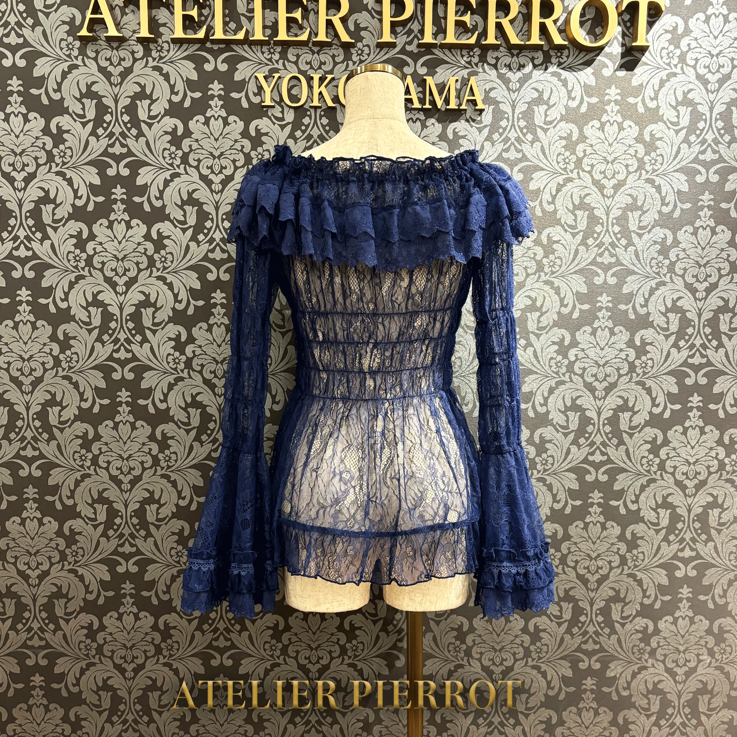 【ATELIER PIERROT】 Shirring princess sleeve blouse-Lace- White/Ivory/Bordeaux/Navy/ Black