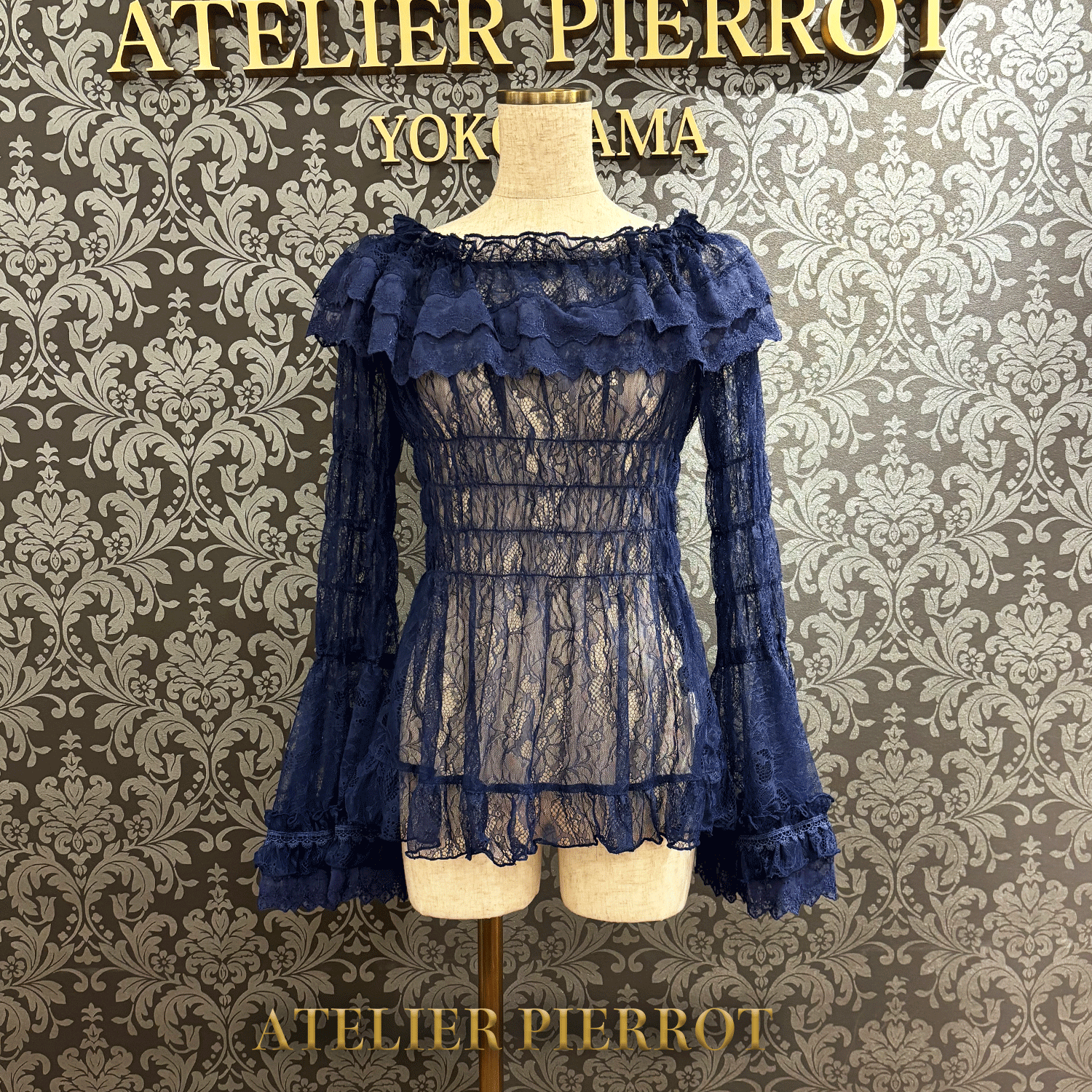 【ATELIER PIERROT】 Shirring princess sleeve blouse-Lace- White/Ivory/Bordeaux/Navy/ Black
