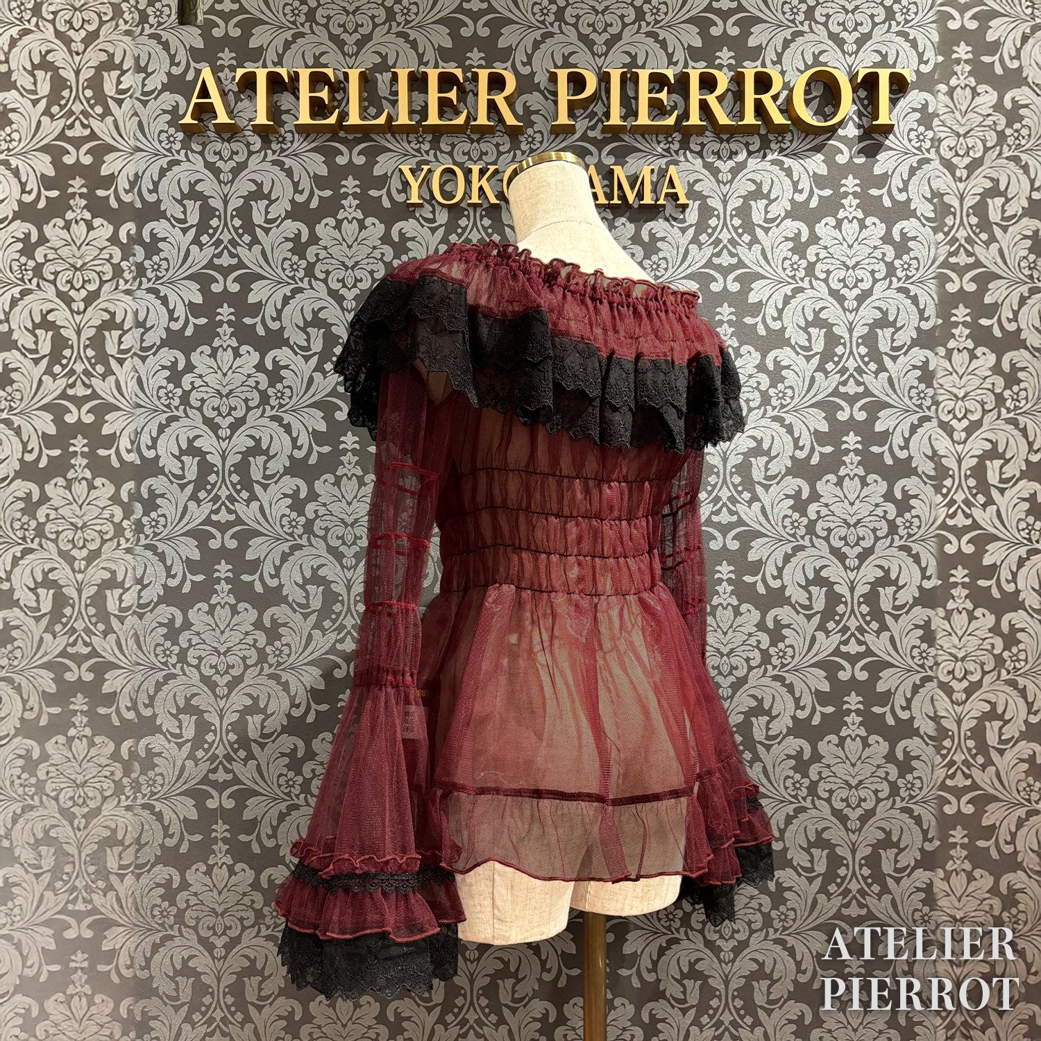 【ATELIER PIERROT】 Sheer Off-Shoulder Shirring Blouse ホワイト/ピンク/グレー/ボルドー/パープル/ブラック