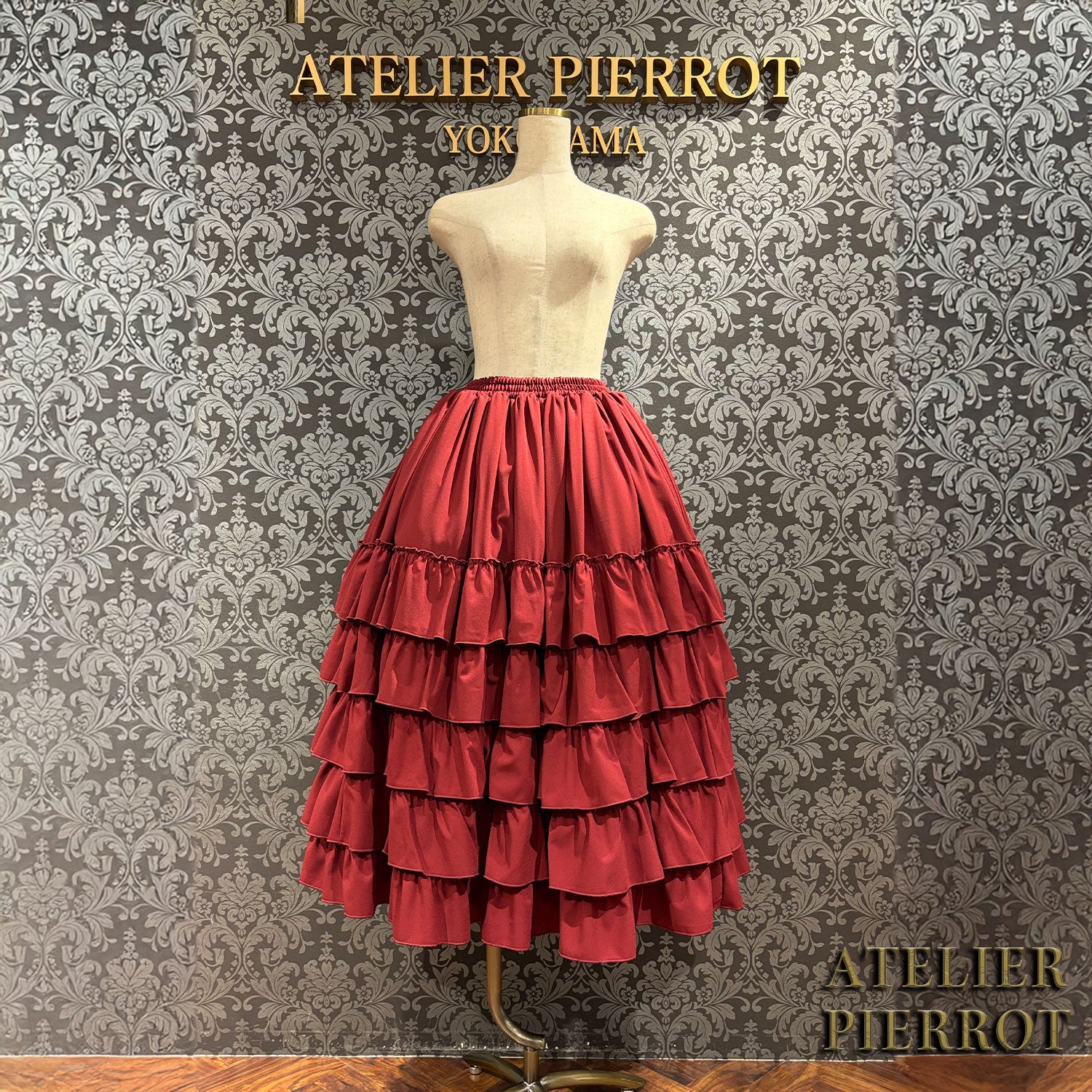 【ATELIER PIERROT】 Midnight Cascade Long Skirt White/Bordeaux/Black