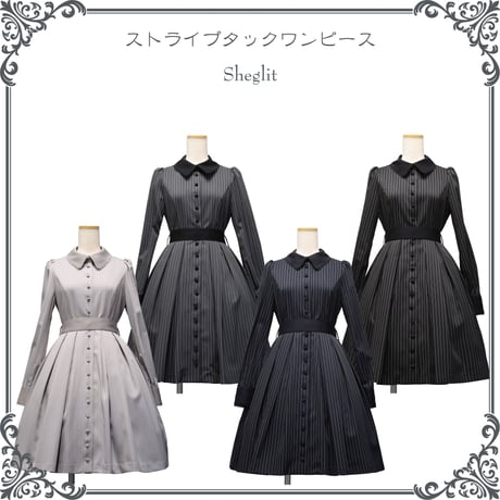 【Sheglit】シェグリット ストライプタックワンピース ライトグレー/チャコールグレー/ネイビー/ブラック