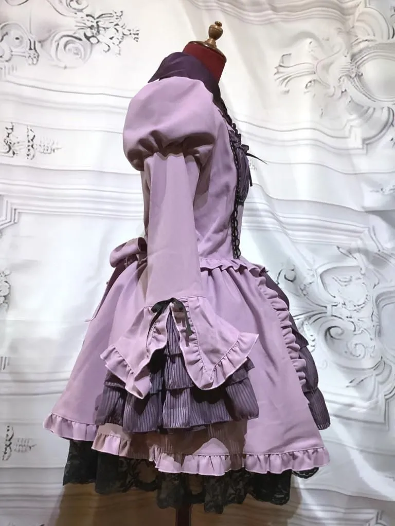 【MARBLE】マーブル ブラウス&スカートセットアップ風全身コーディネートワンピース:紫×紫ストライプフリル
