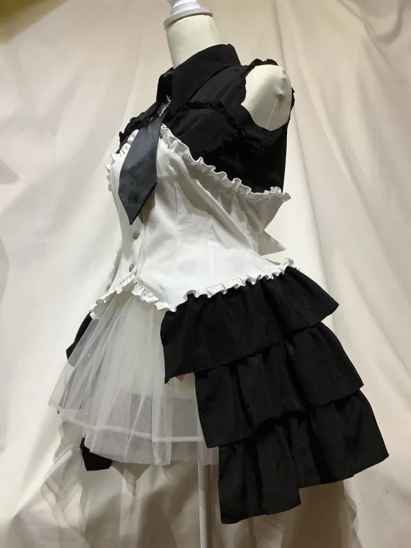 【MARBLE】マーブル 十字架モチーフネクタイ付きビスチェ型コルセット風ブラウスワンピース:黒×白×黒タイ
