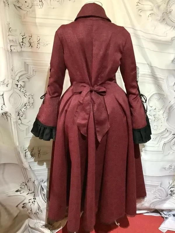 【MARBLE】マーブル デコレーションクロス付きファー衿ケープ+袖あみあげロングフレアコート:えんじボルドー★SALE対象外★