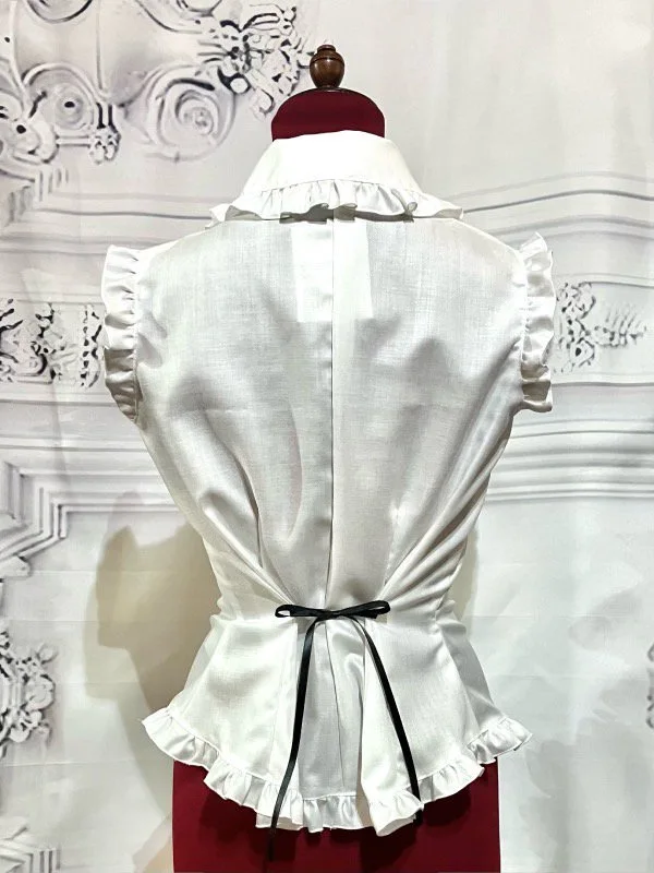 【MARBLE】マーブル 蝶型コサージュフリルタイ付きノースリーブブラウス:白黒