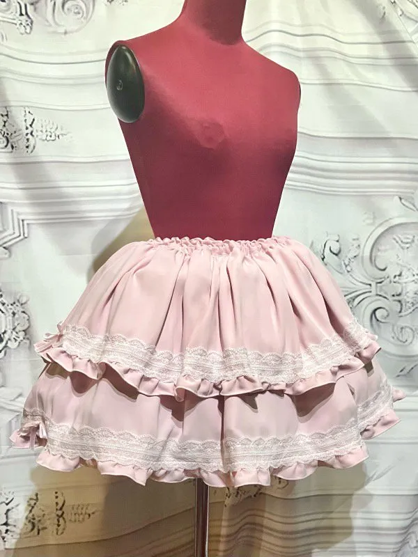 【MARBLE】マーブル チョーカー付き風パフスリーブブラウス+パ二エ入りレース飾りティアードスカート:ピンク×白レース