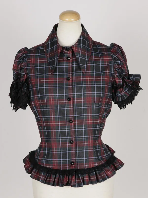 【MARBLE】マーブル ネクタイ型フリルタイ付きパフスリーブブラウス+前ギャザースカラップスカート:黒えんじチェック×黒タイ×黒レース