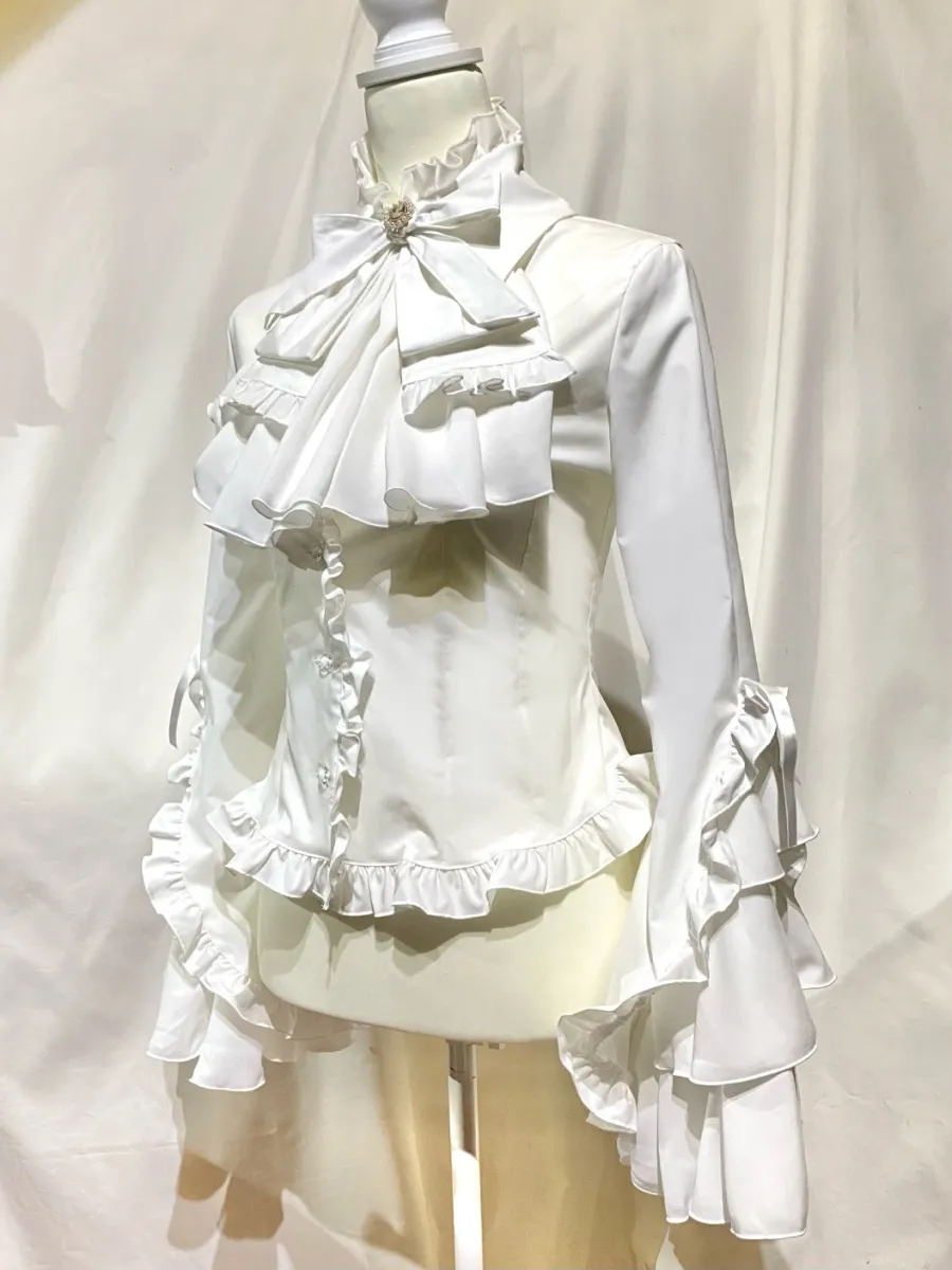 MARBLE】マーブル カメオタイ付き後編み上げブラウス：グレイッシュ