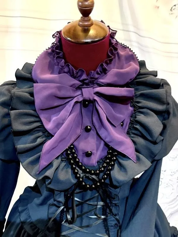 【MARBLE】マーブル アリス風編み上げドレスワンピース:黒×紫フリル×黒パール