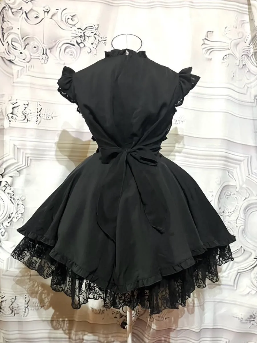 【MARBLE】マーブル 姫袖ボレロ付き配色切り替えデコラティブワンピース:黒レースワンピース×黒レースボレロ