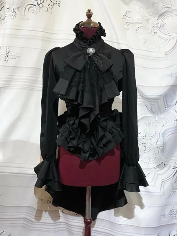 【MARBLE】マーブル アンティークカメオタイ付きボリュームフリルワンピース型ブラウス:黒