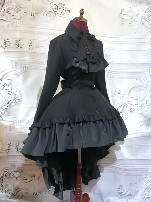 【MARBLE】マーブル ゴシック調ダイヤカットタイ付きブラウス型ワンピース:黒×赤楕円石