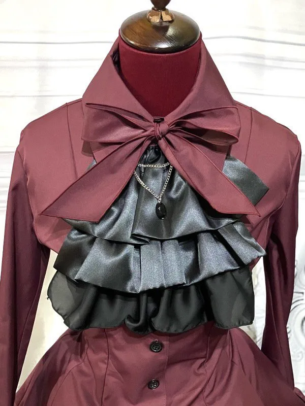 【MARBLE】マーブル ゴシック調ダイヤカットタイ付きブラウス型ワンピース:えんじ×黒石