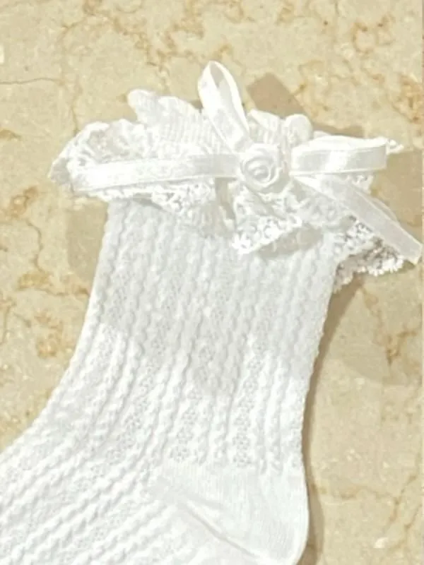 【MARBLE】マーブル バラ・レース付きショートソックス:白×白レース