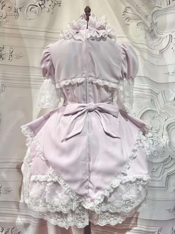 【MARBLE】マーブル 切り替え総フリルワンピース+パニエ入りボリュームレース付きスカート:ピンク×白レース