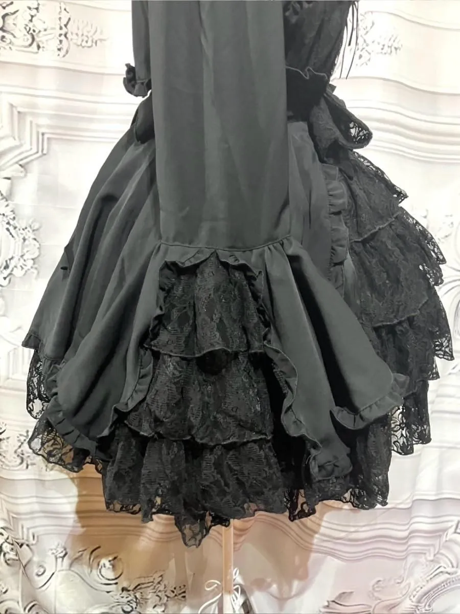 【MARBLE】マーブル 姫袖ボレロ付き配色切り替えデコラティブワンピース:黒レースワンピース×黒レースボレロ