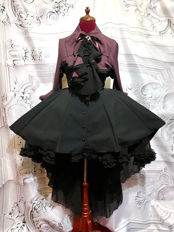 【MARBLE】マーブル ドレープタイ付きゴシックエレガンスブラウスワンピース:ボルドー×黒 LLサイズ