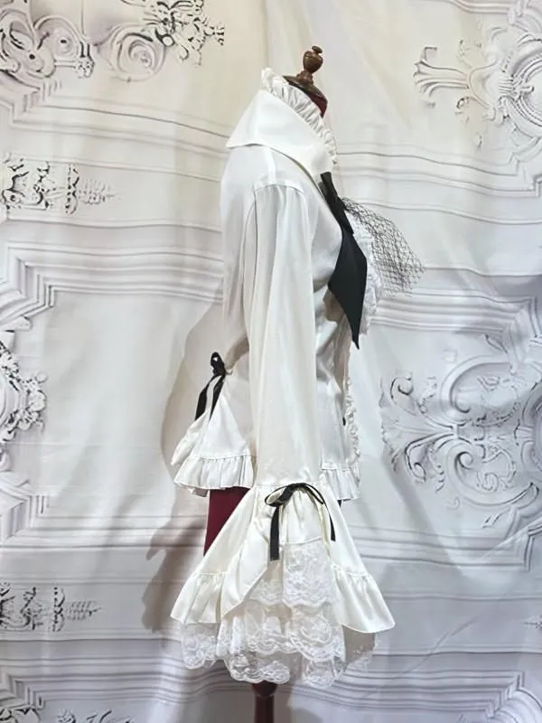 【MARBLE】マーブル 別タイ付きクラシカルデコレーションブラウス:白×黒×白レース