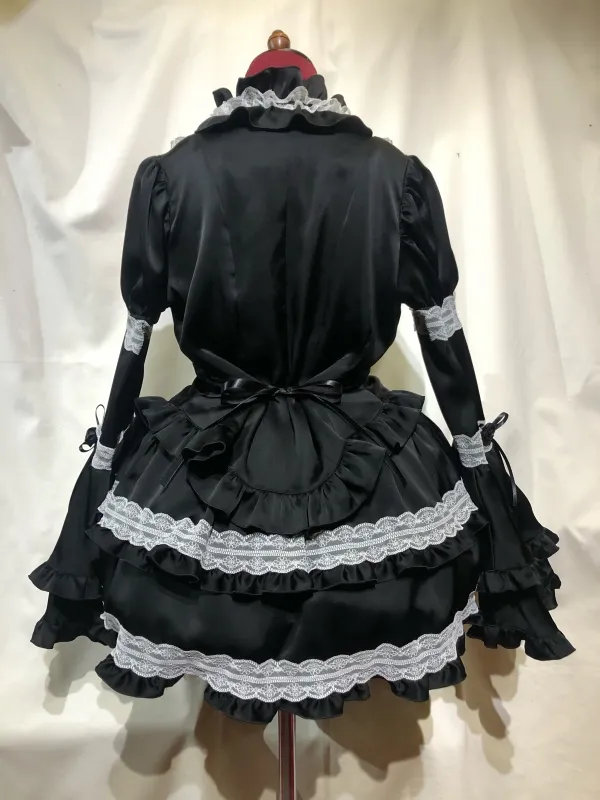 【MARBLE】マーブル チョーカー付き風パフスリーブブラウス+パ二エ入りレース飾りティアードスカート:黒×白レース