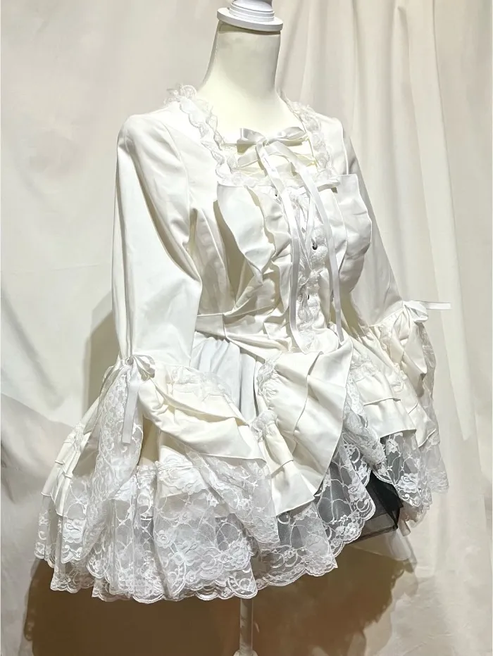 【MARBLE】マーブル 編み上げ総フリルドレスワンピース:白×白レース