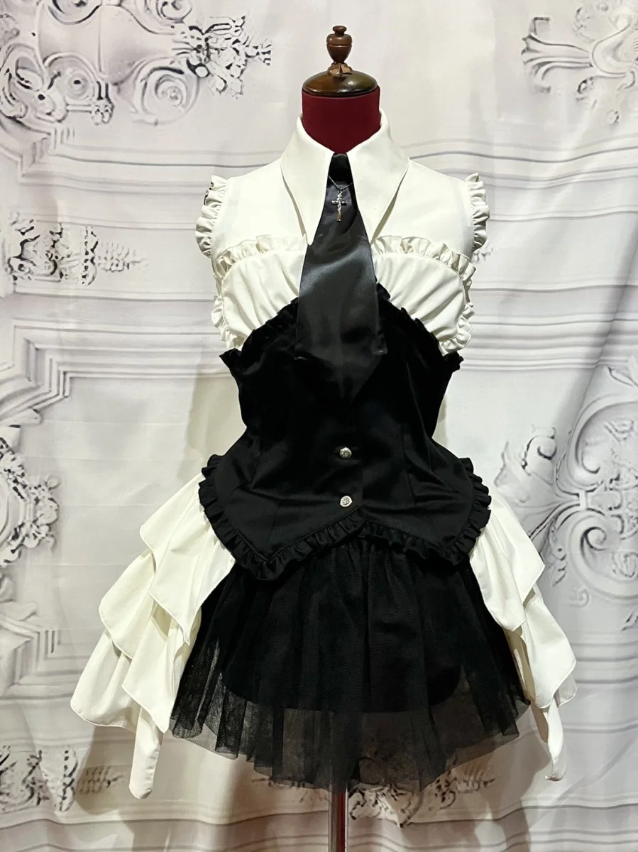 【MARBLE】マーブル 十字架モチーフネクタイ付きビスチェ型コルセット風ブラウスワンピース:オフ白×黒ストライプ×黒タイ