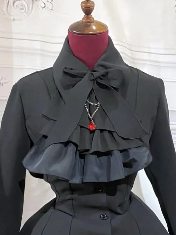 【MARBLE】マーブル ゴシック調ダイヤカットタイ付きブラウス型ワンピース:黒×赤楕円石