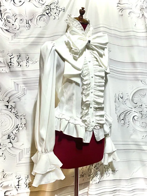 【MARBLE】マーブル ビジュー付きリボンタイフリルブラウス:白