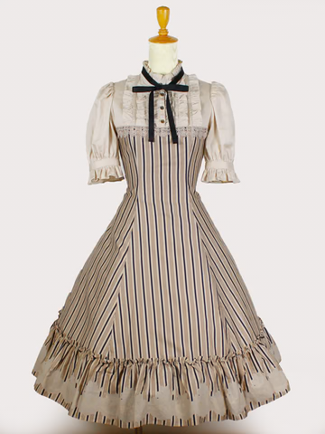 【Victorian maiden】ヴィクトリアンメイデン vintageレースレジメンハーフスリーブドールドレス ベージュ×ミルクティーベージュ(ノーマルサイズ) /ベージュ×ボルドー(グローバルサイズ)