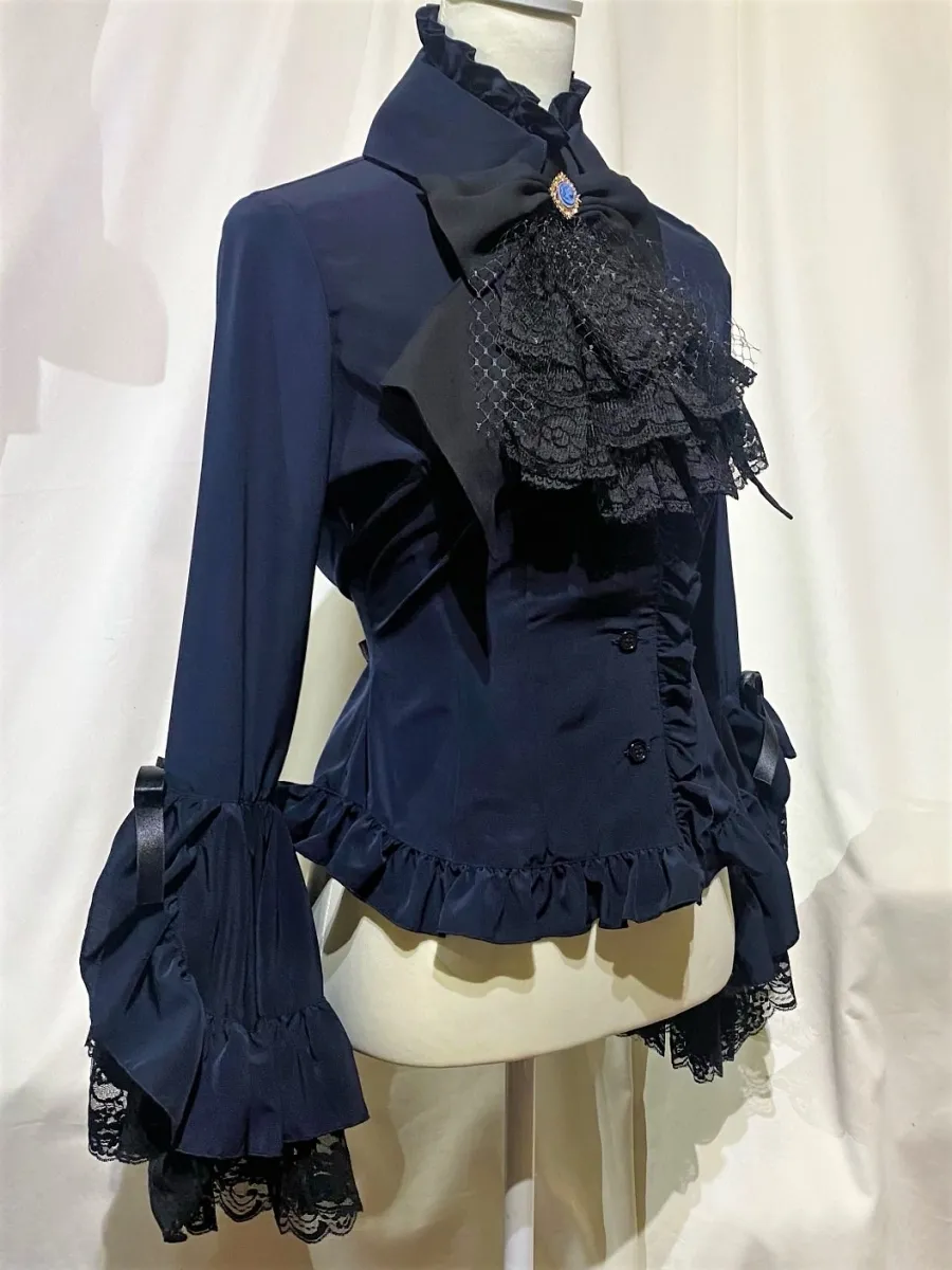 【MARBLE】マーブル 別タイ付きクラシカルデコレーションブラウス:濃紺×黒レース