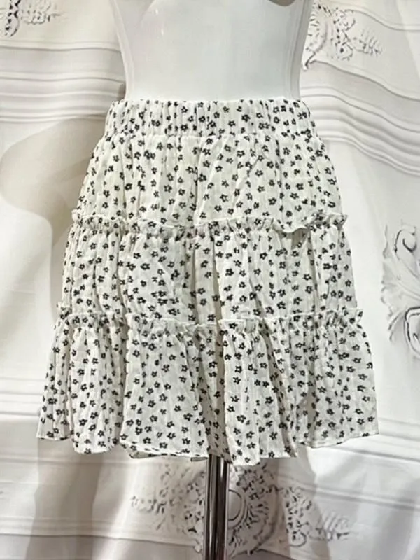 【MARBLE】マーブル 小花柄ティアードスカート:白地黒花柄