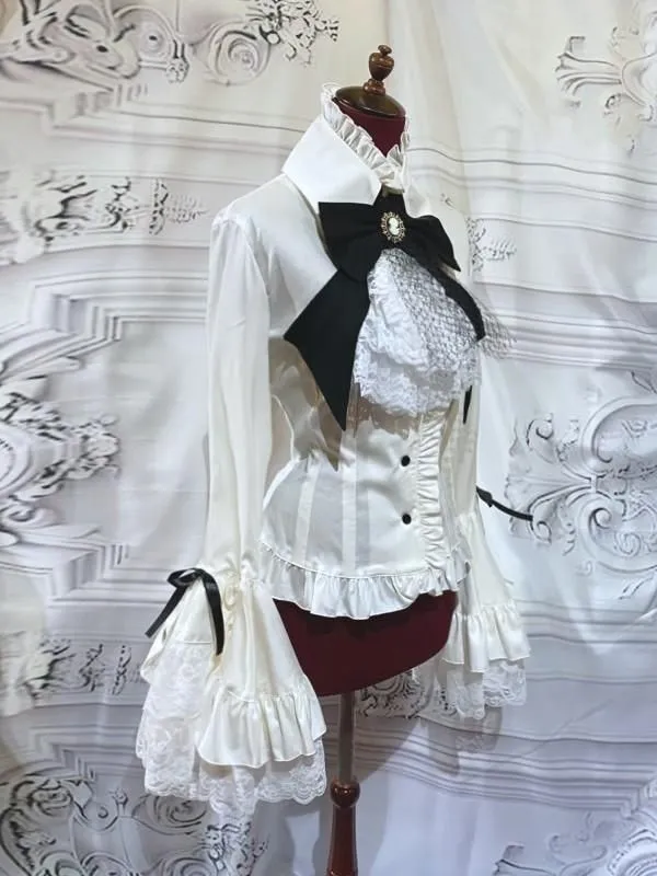 【MARBLE】マーブル 別タイ付きクラシカルデコレーションブラウス:白×黒×白レース