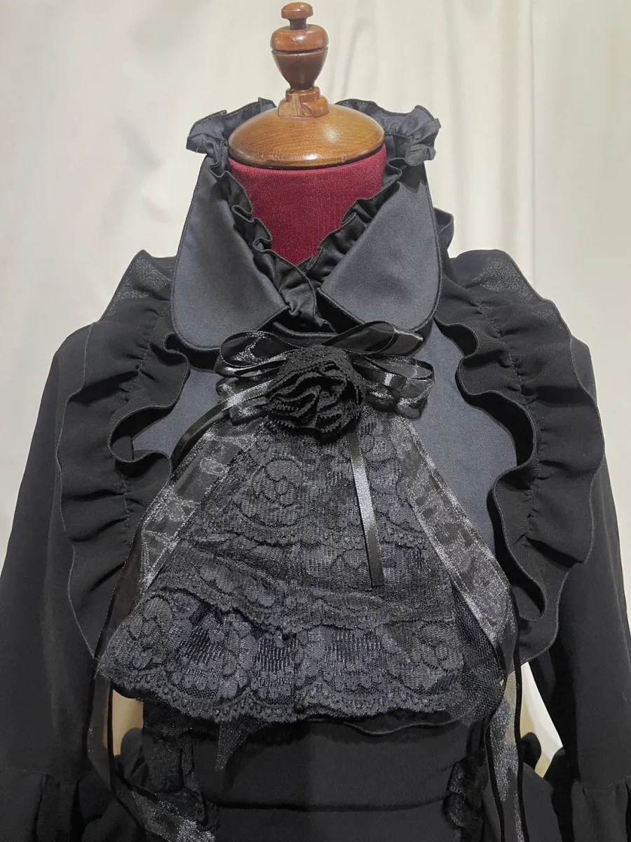 【MARBLE】マーブル リボンデコレーション・クラシックタイ付きサイドタックドレスワンピース:黒×黒チュール