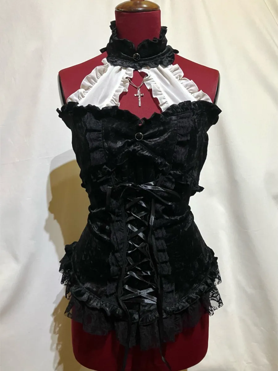 MARBLE 編み上げビスチェ　チョーカーつき　マーブル MARBLE】マーブル 編み上げチョーカー+バラアクセサリー付き総フリル