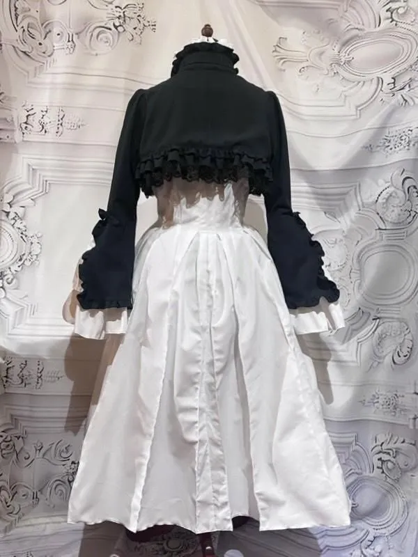 【MARBLE】マーブル クラシカル調ロングブラウスワンピース+ショート丈モダンジャケット+十字架ネックレス:白×黒