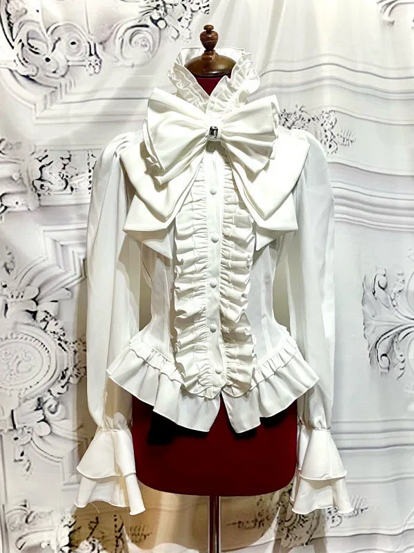 【MARBLE】マーブル ビジュー付きリボンタイフリルブラウス:白◆Lサイズ◆