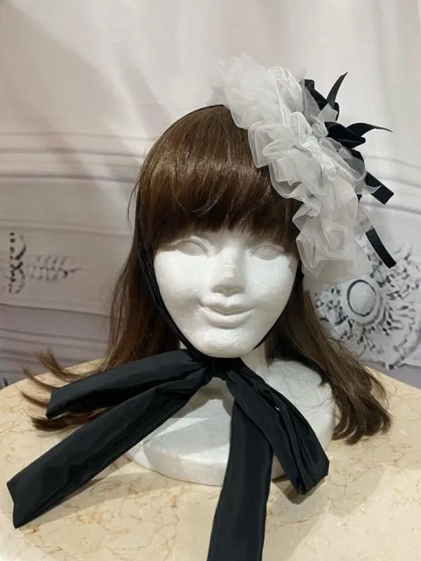 【MARBLE】マーブル パール付きロマンティックボンネット:黒×黒バラ×白フリル×白レース×黒パール