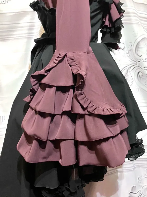 【MARBLE】マーブル ドレープタイ付きゴシックエレガンスブラウスワンピース:ボルドー×黒 LLサイズ