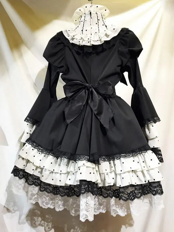 【MARBLE】マーブル アーチブレード切り替え立ち衿クラシックワンピース:生成黒ドット×黒★SALE対象外★