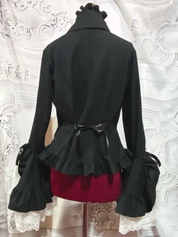 【MARBLE】マーブル 別タイ付きクラシカルデコレーションブラウス:黒×黒ストライプ×白レース