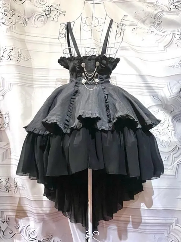 エンブレム飾りチェーン付きハイウエストドレープスカート:グレーストライプ×黒フリル◆LL~3Lサイズ◆ル★SALE対象外★