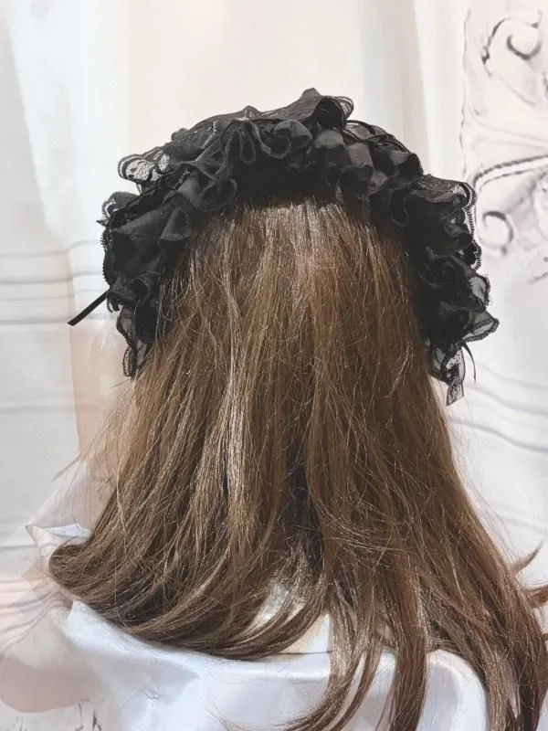 【MARBLE】マーブル バラ付きボリュームヘッドドレス:黒(やわらかい生地)×黒レース×黒バラ