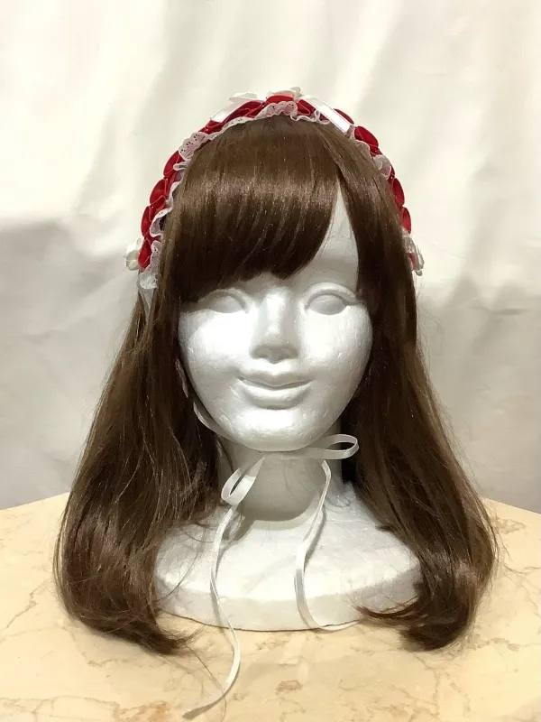 【MARBLE】マーブル 2WAYサテンバラ付きタックプリーツチョーカーorヘッドドレス:赤×白レース